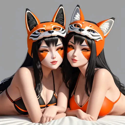 two women in bikinis with painted faces on their heads laying on a bed together, with a fox headpiece on their head, by Chen Daofu