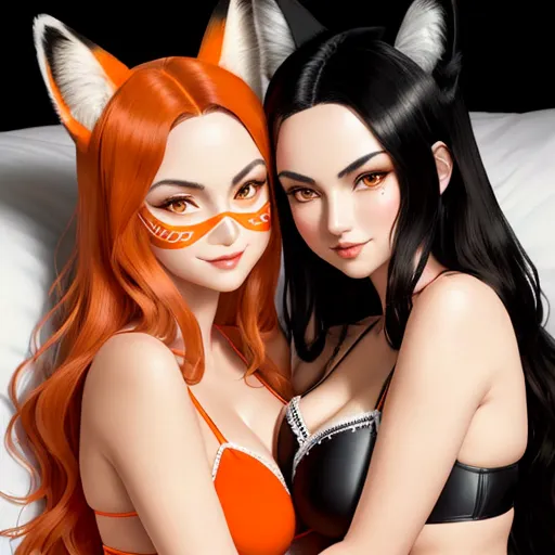 image quality lower - two women in lingerie with cat ears on their heads and a fox mask on their face, both of them are wearing lingerie, by Lois van Baarle