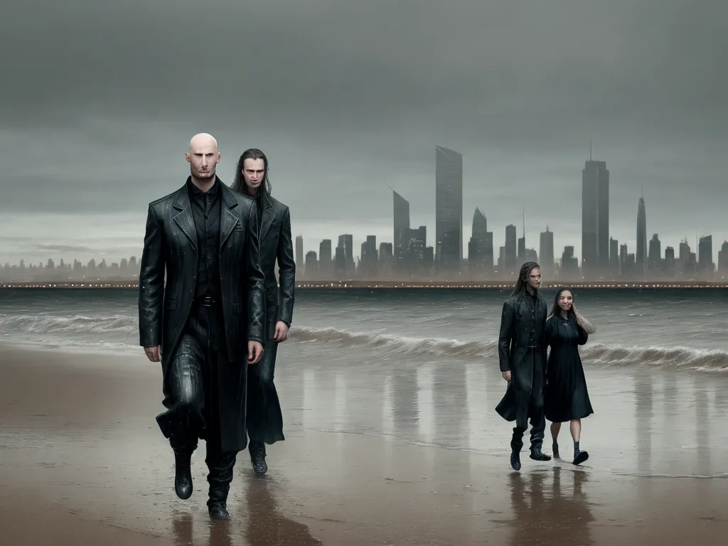 a group of people walking on a beach near the ocean with a city in the background in a scene from the series the witch, by Chris Mars