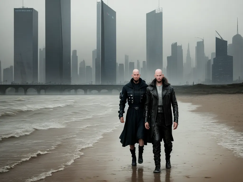 two people walking on a beach in front of a city skyline in the foggy day with a few waves, by Hendrik van Steenwijk I