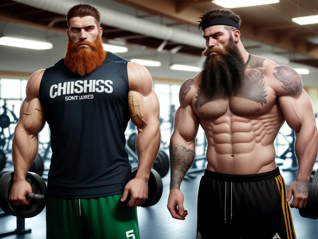 4k quality converter photo - two men with long beards and tattoos standing in a gym with dumbbells and a crossfit shirt, by Terada Katsuya