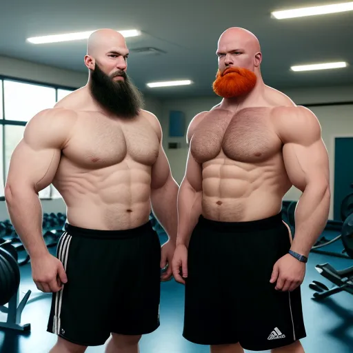 nsfw ai image generator - two men with beards and no shirts standing in a gym with dumbbells and a beard on their heads, by Terada Katsuya