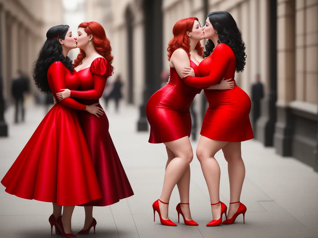 ai that generate images - three women in red dresses are kissing each other on a city street with a man in a suit and tie, by Botero