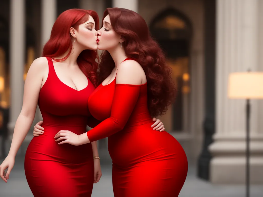 free online upscaler - two women in red dresses kissing each other in front of a building with columns and columns in the background, by Botero