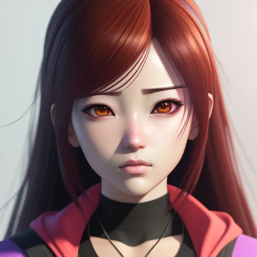 best text to image ai - a woman with long red hair and a black top with a red hoodie on her shoulders and a necklace on her neck, by Chen Daofu