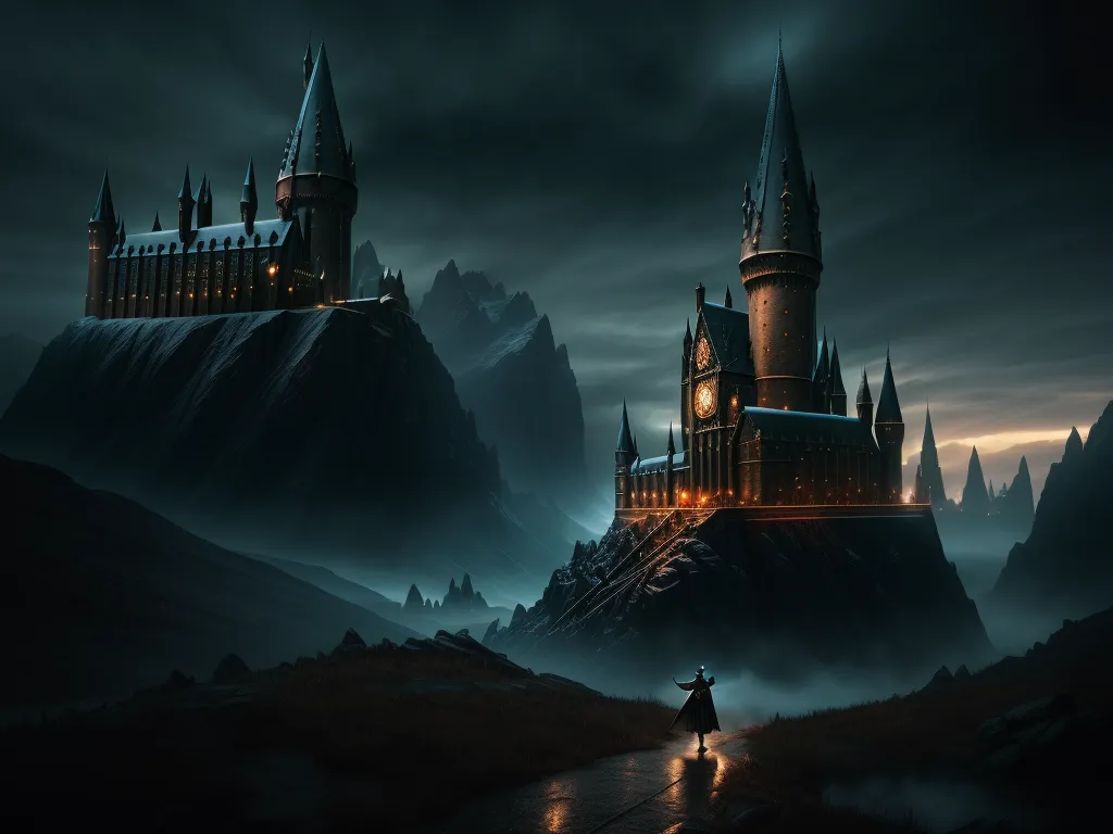 a man standing in front of a castle at night with a flashlight in his hand and a foggy sky, by Jorge Jacinto