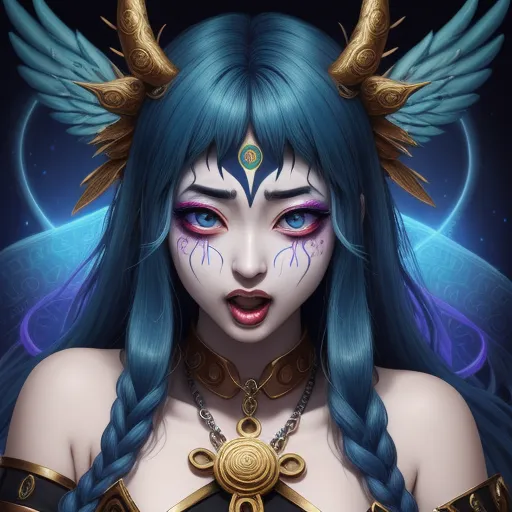 convert photo to 4k - a woman with blue hair and horns with horns on her head and a blue hair and blue eyes with horns on her head, by Lois van Baarle