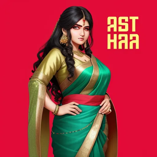 a woman in a green and gold sari with a red background and a red background with the words ast har, by Raja Ravi Varma
