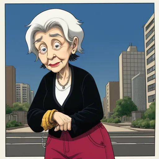 a cartoon of an older woman holding a baseball glove in her hand and a city street in the background, by Rumiko Takahashi