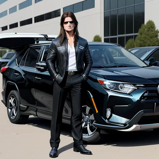 a woman standing in front of a black suv in a parking lot with other cars in the background and a building in the background, by Kent Monkman