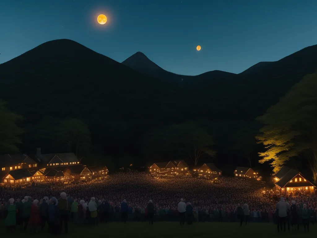 a group of people standing around a field with lights on it at night time with mountains in the background, by Gregory Crewdson