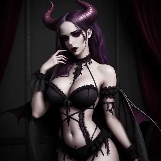 a woman with purple hair and horns in a black lingerie with a bat on her shoulder and a black bra, by Heinrich Danioth