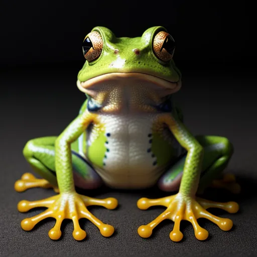 ai-generated images - a frog with a green and yellow frog body and legs sitting on a black surface with yellow bubbles around it, by Adam Martinakis