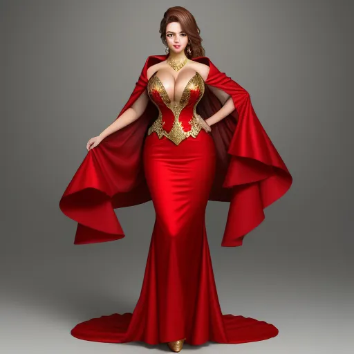 a woman in a red dress with a gold cape on her shoulders and a gold necklace on her neck, by Hanna-Barbera