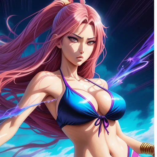 a woman in a bikini with pink hair and a sword in her hand, with a sky background and clouds, by Toei Animations