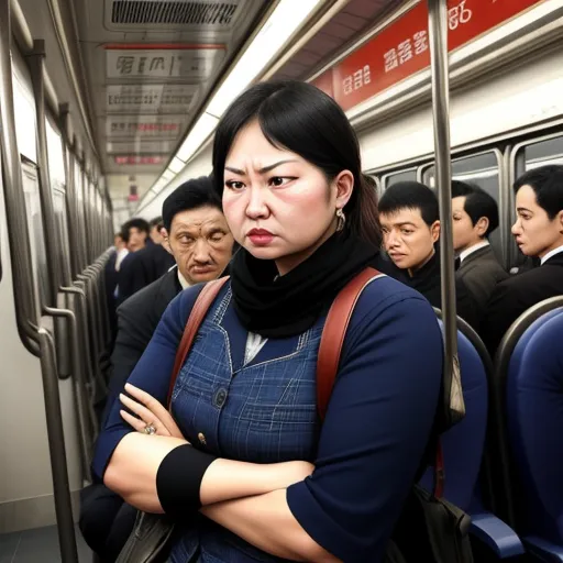 a woman standing on a subway train with her arms crossed and her head resting on her chest, with other people standing on the other side of the train, by Chen Daofu