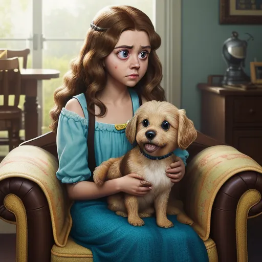 a painting of a girl holding a puppy in a chair with a blue dress on and a brown dog in her lap, by Daniela Uhlig