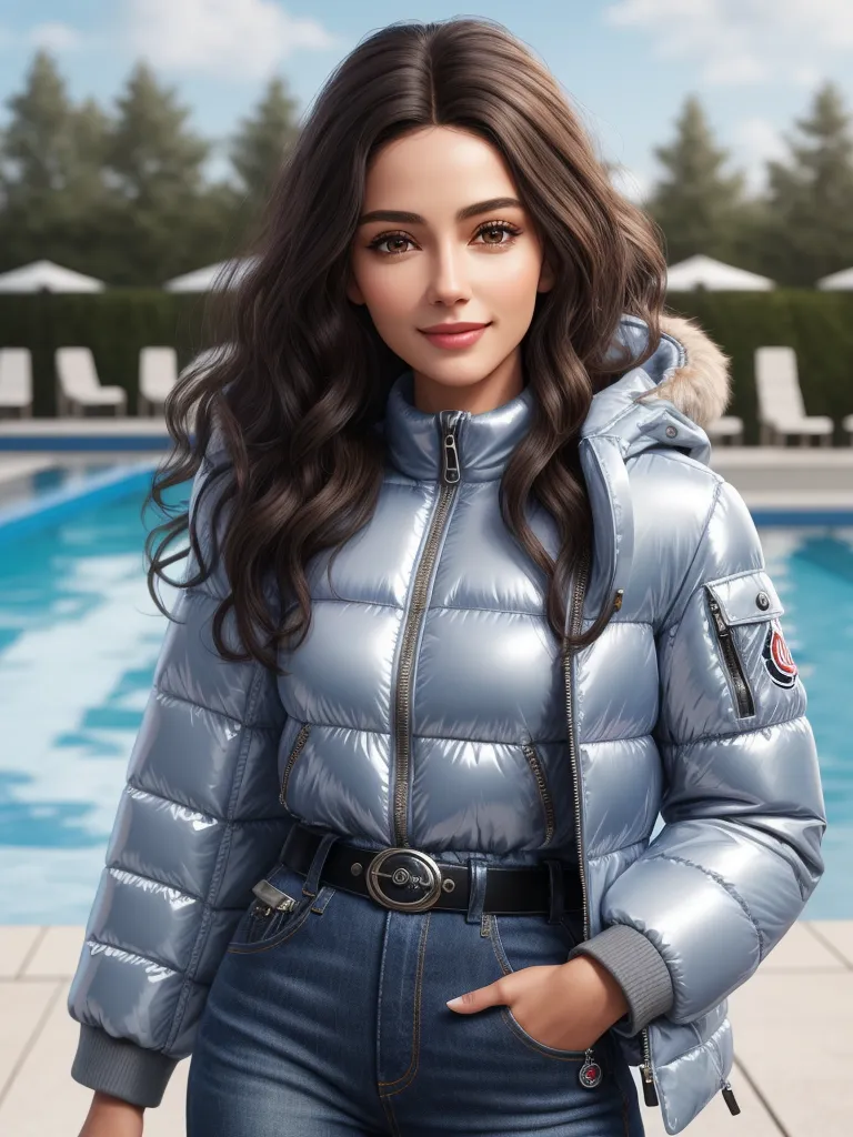 ai text image - a woman in a shiny blue jacket standing next to a pool of water with a jacket on her shoulders, by Hsiao-Ron Cheng