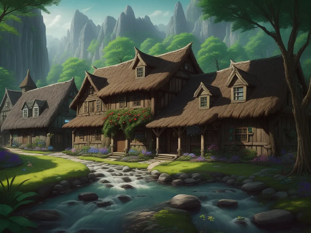 a painting of a house with a stream running through it and mountains in the background with trees and flowers, by Pixar Concept Artists