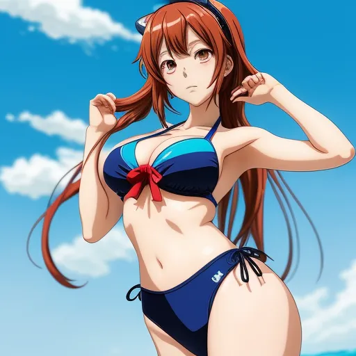 a woman in a bikini standing on a beach with her hair in the wind and a blue sky behind her, by Toei Animations