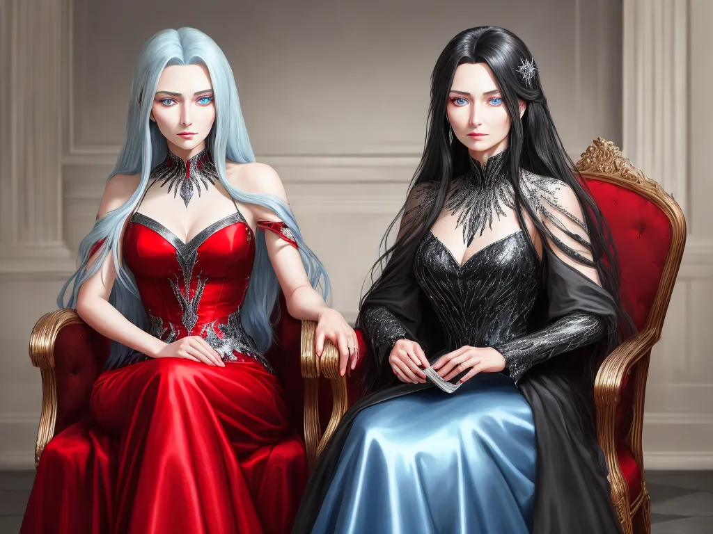 image ai generator from text - two women in dresses sitting on a red chair together, one wearing a blue and one wearing a red dress, by Sailor Moon