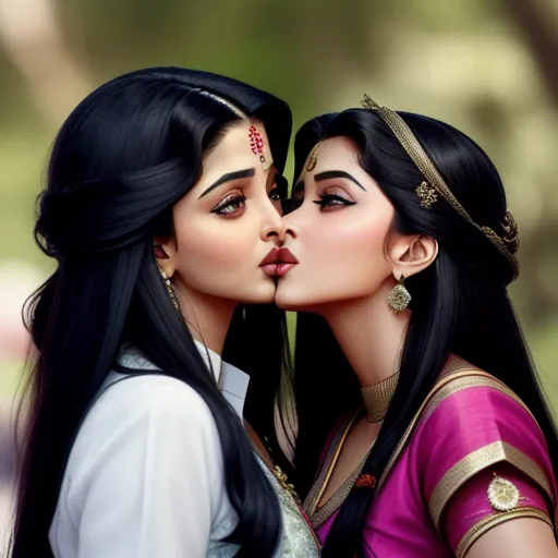 two women kissing each other with a green background and trees in the background and a green sky in the background, by Raja Ravi Varma