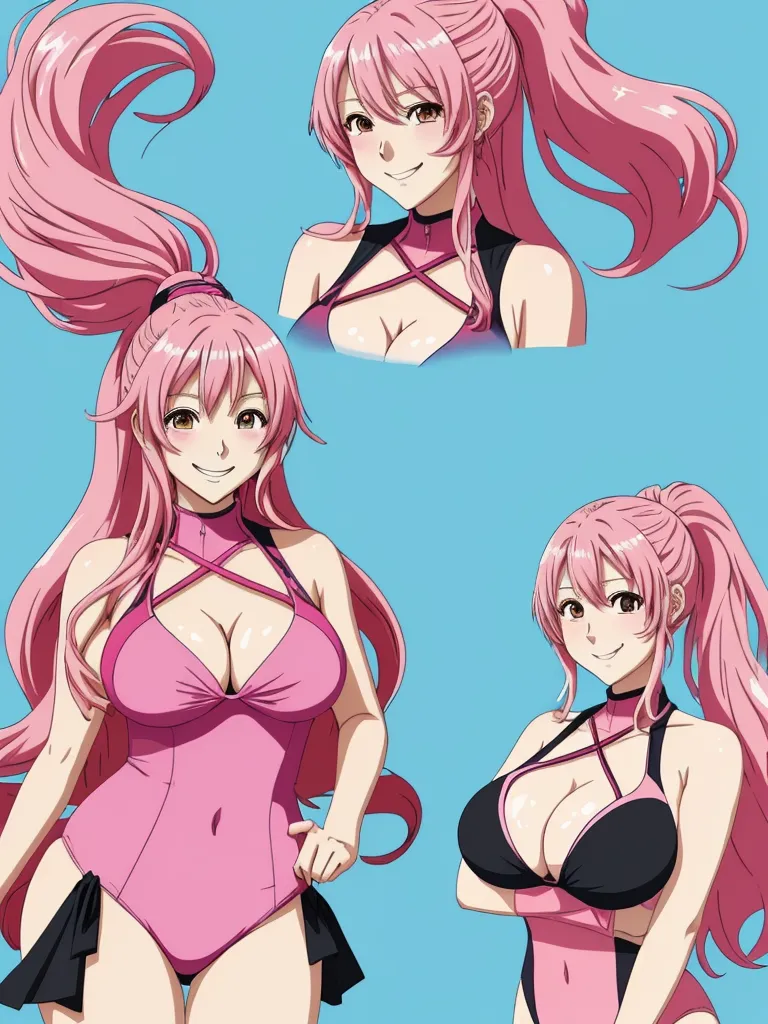 turn image into hd - a woman in a pink bikini with long hair and a black bra top, and a pink hair, and a black bra, by Toei Animations