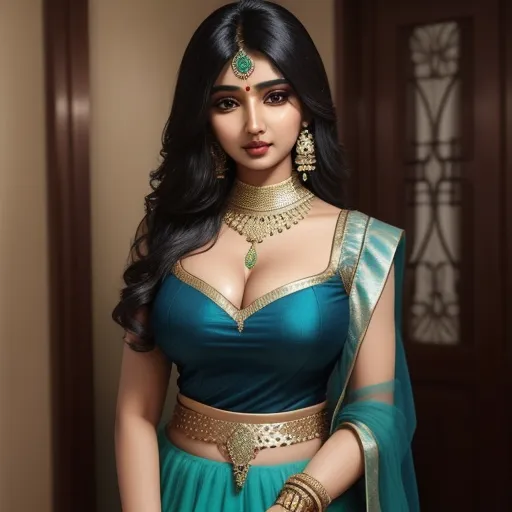 ai image generator online - a woman in a blue and gold outfit with a gold choker and matching jewelry on her neck and shoulder, by Raja Ravi Varma