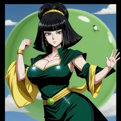 convert photo to 4k resolution - a woman in a green dress with a yellow belt and a green background with a green circle with a blue sky and clouds, by Toei Animations