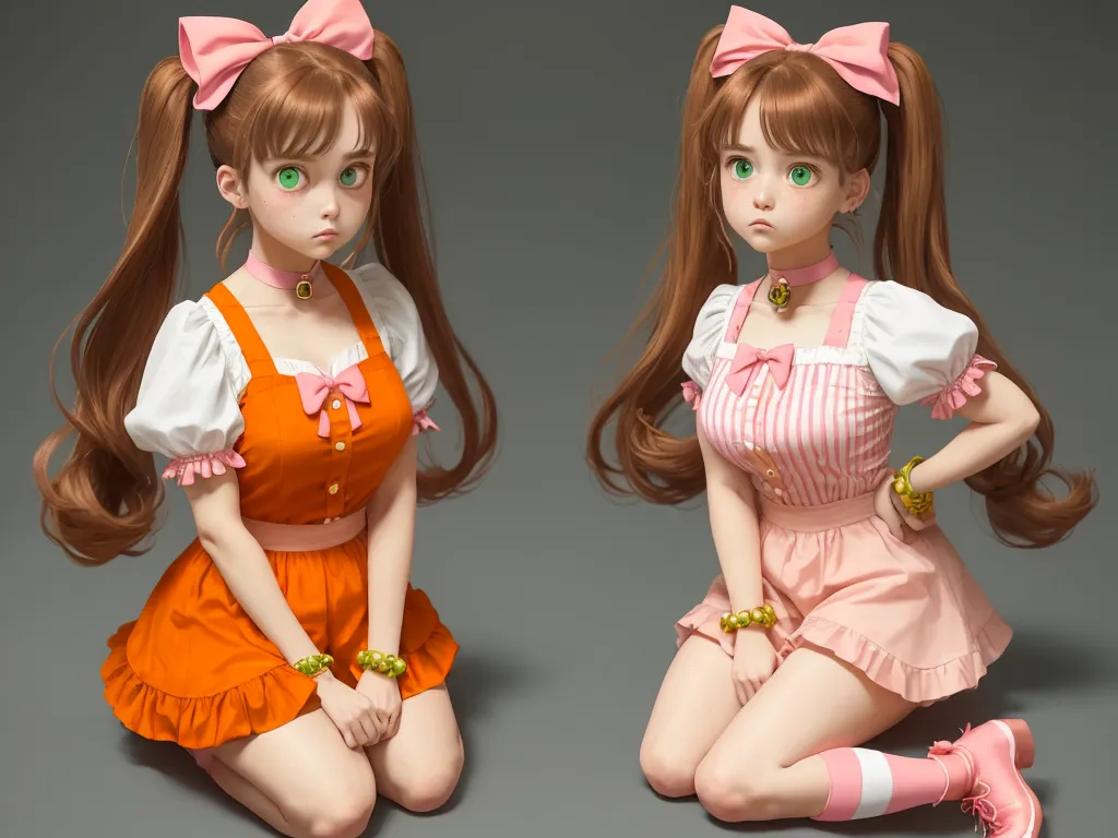two dolls of a girl in dresses and socks sitting on the ground with their hands on their hipss, by Toei Animations