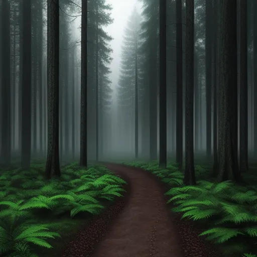 best online ai image generator - a path through a forest with tall trees and ferns on the ground in the foggy day, with a trail leading to the center, by Janek Sedlar