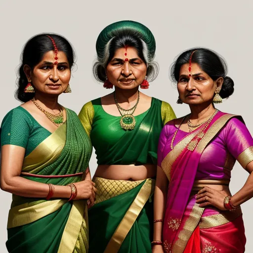 how to change resolution of image - three women in colorful saris posing for a picture together, both of them are wearing jewelry and one is wearing a green and gold sari, by Raja Ravi Varma