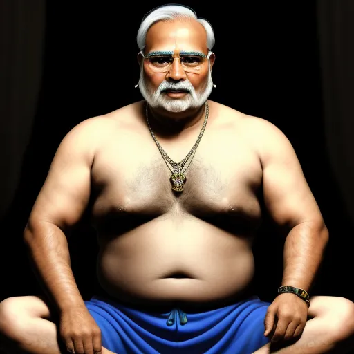 a man with a beard and glasses sitting in a yoga pose with his hands on his hips and his shirt tucked under his pants, by Bhupen Khakhar