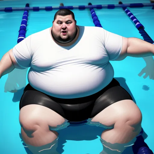ai text to picture generator - a man in a white shirt and black shorts is in a pool with a big belly and a white shirt, by Botero