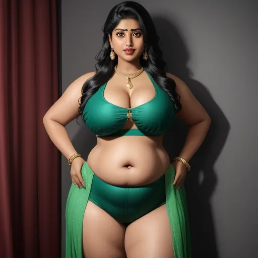 image ai generator from text - a woman in a green bikini posing for a picture with her belly exposed and a green scarf around her waist, by Hendrik van Steenwijk I