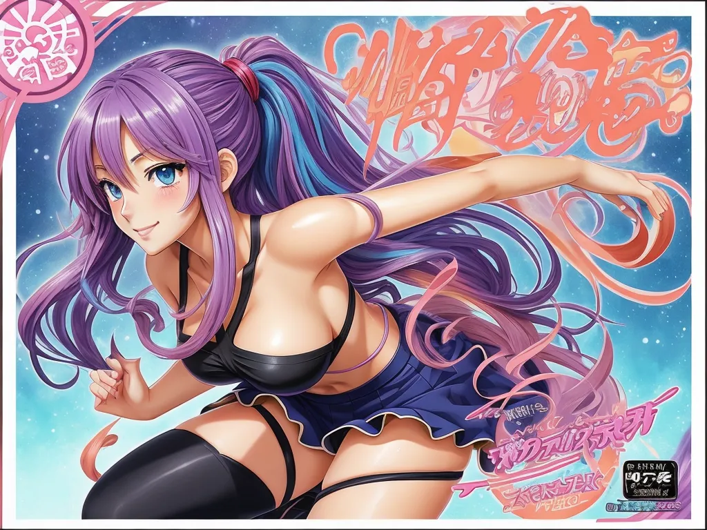 complete image ai - a cartoon character with purple hair and a black bra top on a blue background with a pink and white swirl, by Hanabusa Itchō