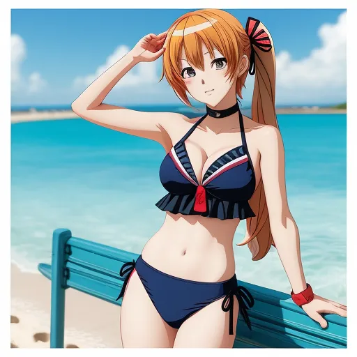 text-to-image ai - a woman in a bikini standing on a bench near the ocean with her hair in a ponytail and a ponytail, by Hanabusa Itchō
