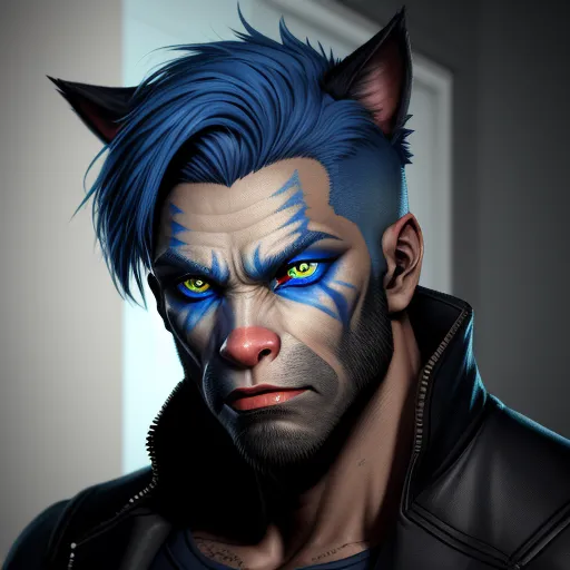  up resolution image: werewolf guy with bold short hair and blue eyes