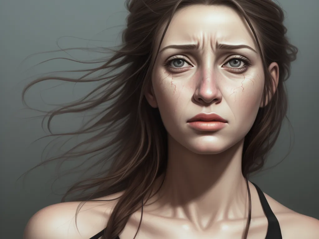 image to 4k - a woman with a wet face and hair blowing in the wind, digital painting, illustration, gray background, by Lois van Baarle
