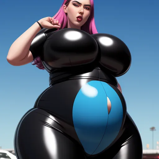 convert photo to 4k - a woman with pink hair and big breast in a black and blue outfit with a huge belly and huge breasts, by Terada Katsuya