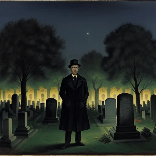 ai image generator from text free - a painting of a man in a top hat and coat standing in a cemetery at night with a full moon in the background, by George Ault