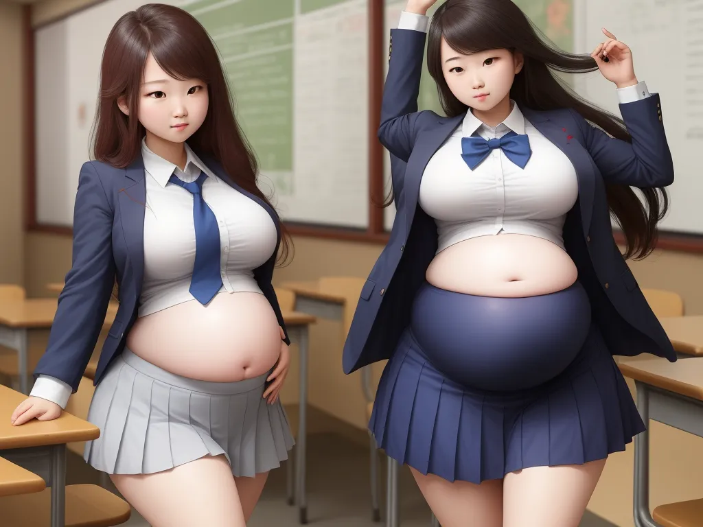 a pregnant woman in a school uniform standing next to a pregnant woman in a skirt and jacket in a classroom, by Terada Katsuya