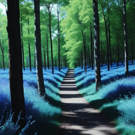 a painting of a path in a blue forest with trees and grass on both sides of the path is a blue and green field, by Eyvind Earle