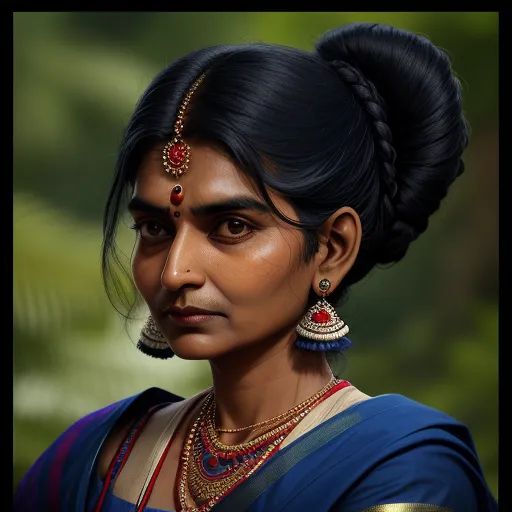 ai text to picture - a woman with a blue sari and a red necklace and earrings on her head and a green background, by Raja Ravi Varma