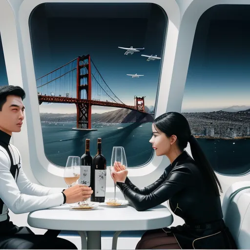 enlarge image - a man and woman sitting at a table with wine glasses in front of them and a plane flying over the water, by Liu Ye