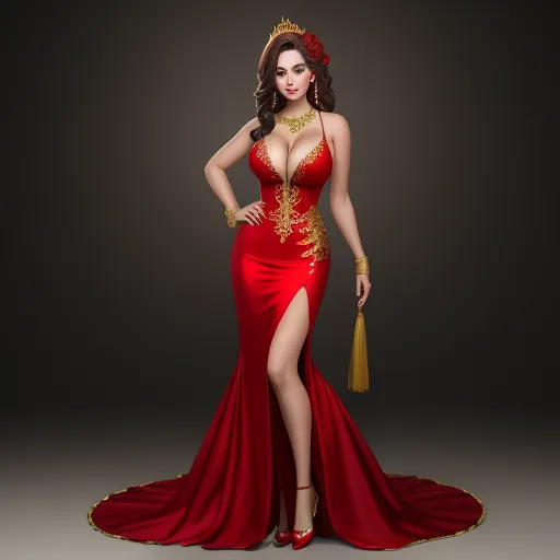 increase image size - a woman in a red dress with a gold crown on her head and a tassel on her head, by Chen Daofu