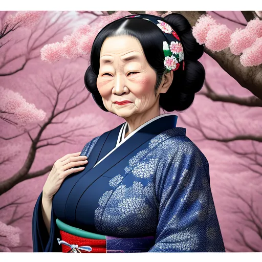 high resolution images - a woman in a blue kimono standing in front of a tree with pink blossoms on it and a cherry blossom tree behind her, by Mark Ryden