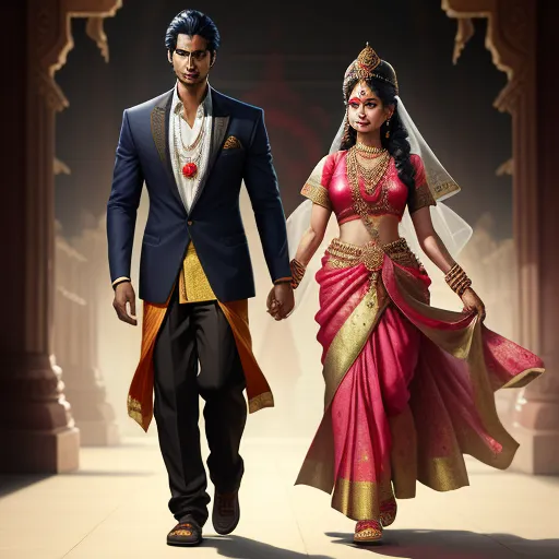 turn photos to 4k - a man and woman dressed in indian attire walking down a runway together in a fashion show, with a backdrop of columns, by Raja Ravi Varma