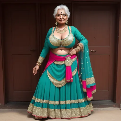 convert photo to 4k quality - a woman in a green and pink lehenga standing in front of a door with a pink sash, by Alec Soth