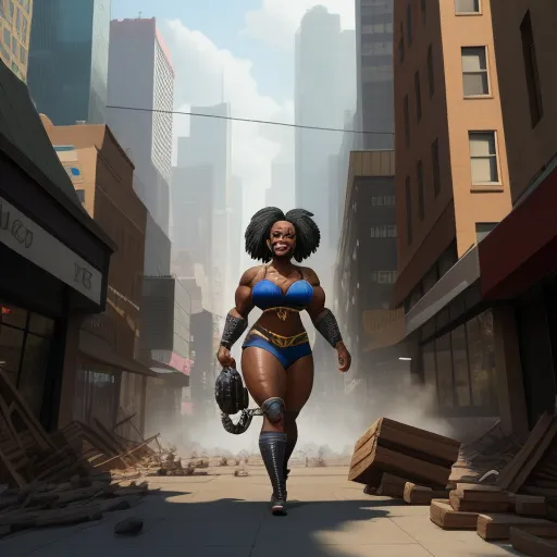 a woman in a blue bikini walking down a street in a city with tall buildings and a sky background, by Pixar Concept Artists